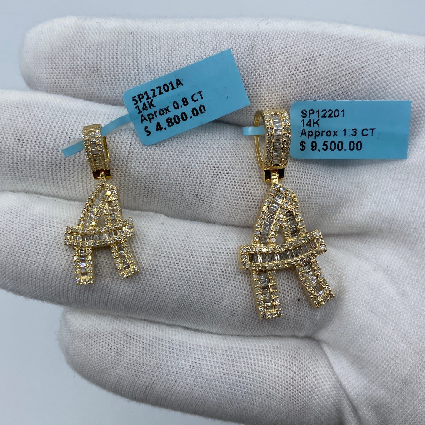 14K A Diamond Baguette Initial Pendant