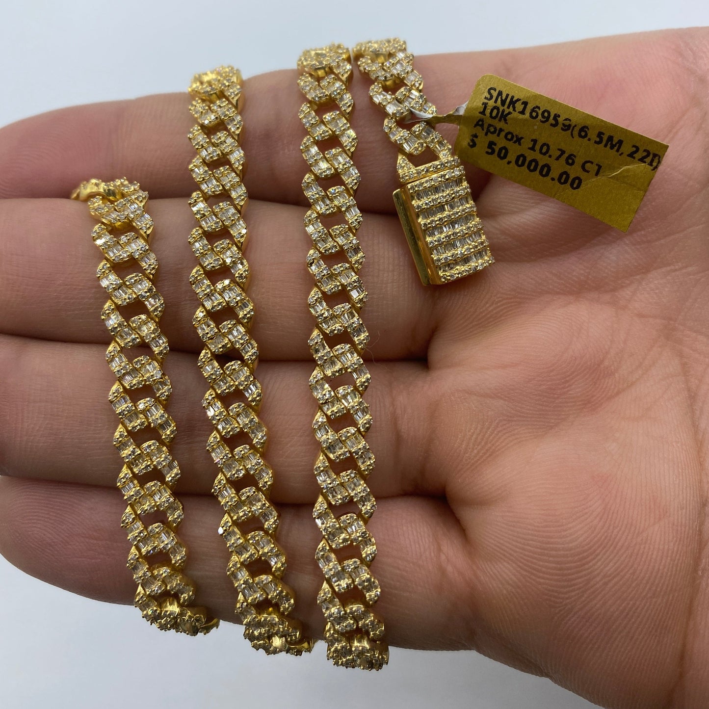 10K 6.5MM Cuban Link Diamond Baguette Chain 22"