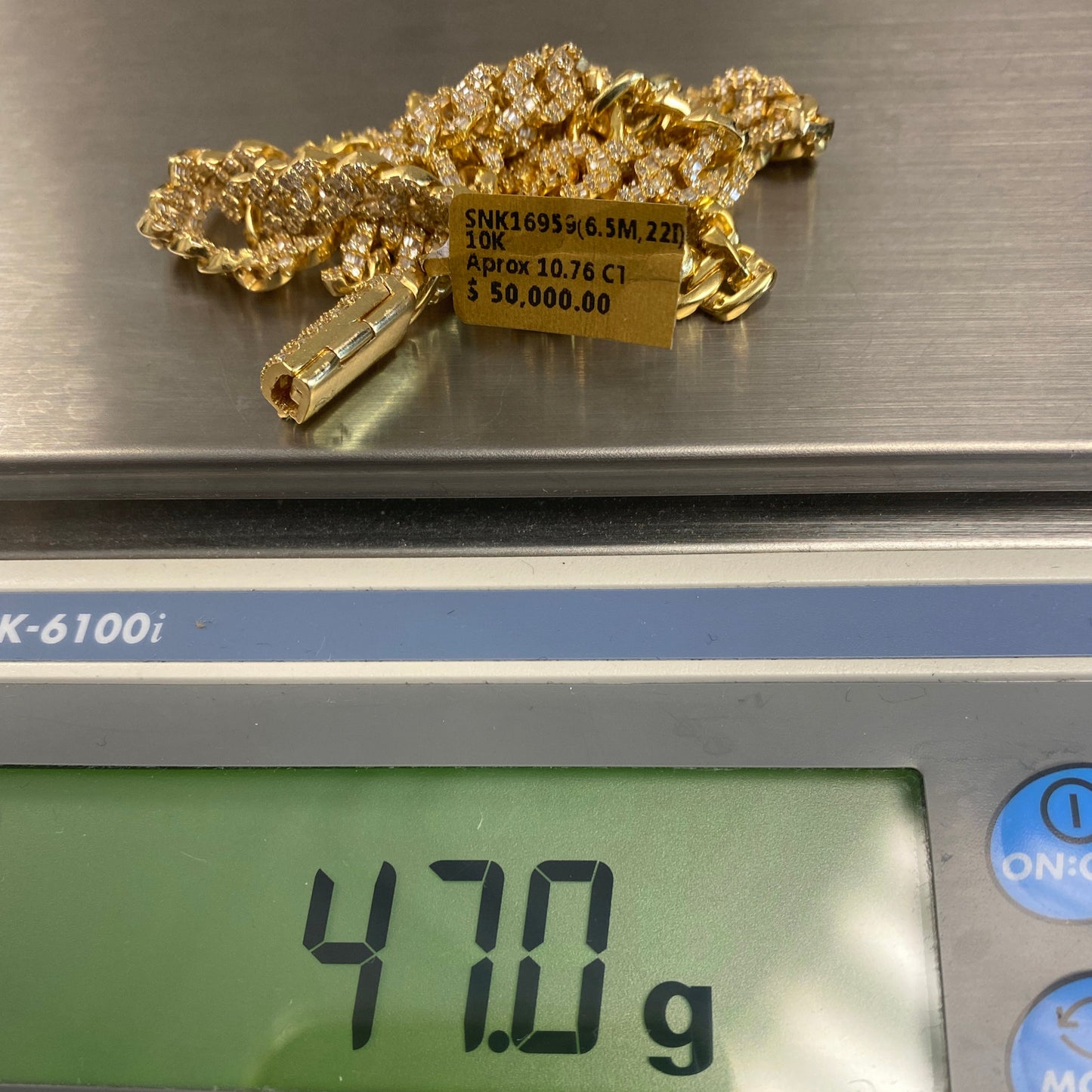 10K 6.5MM Cuban Link Diamond Baguette Chain 22"